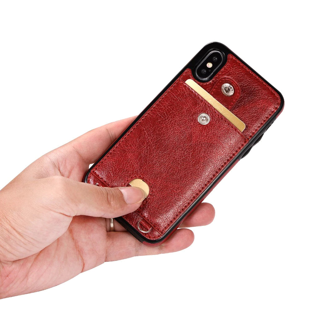 Fashion Slimline Leather Wallet Case for iPhone XS MAX X XR Case With Card Holder Pocket Cover for iPhone 8 7 6 6S Plus iPhone Case With Lanyard Strap
