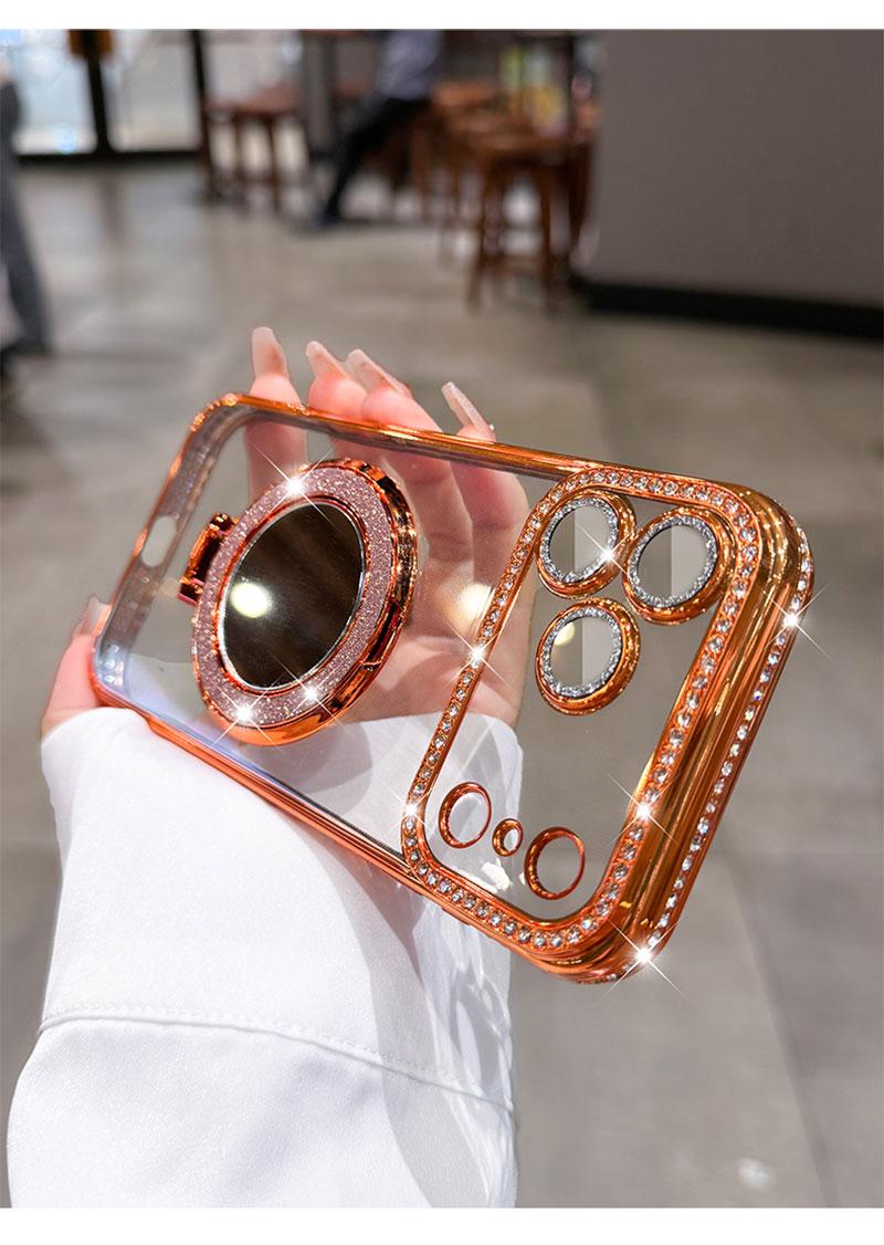 Women's Phone Case with Mirror & Stand for iPhone 12/13/14/15/16/17 Pro Max,17Air,14/15/16 Plus. Features a shiny frame, high-definition transparent material, and full-body drop-resistant design.