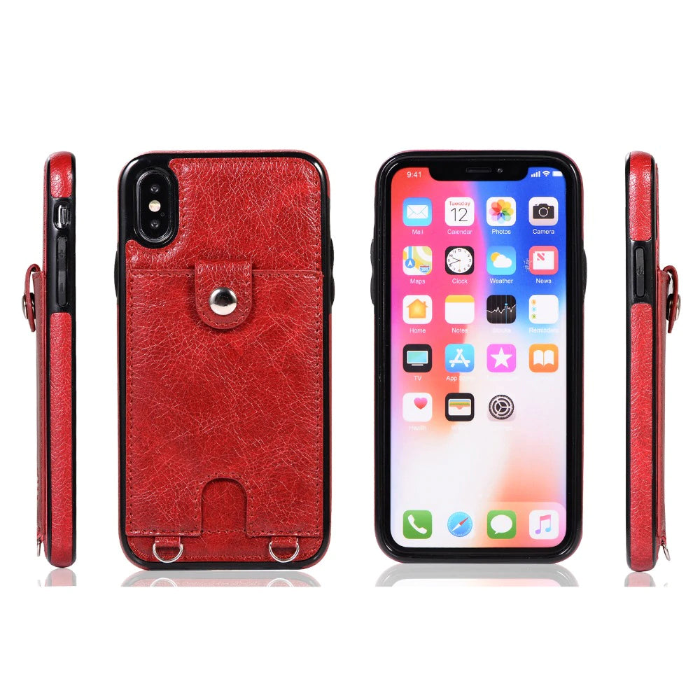 Fashion Slimline Leather Wallet Case for iPhone XS MAX X XR Case With Card Holder Pocket Cover for iPhone 8 7 6 6S Plus iPhone Case With Lanyard Strap