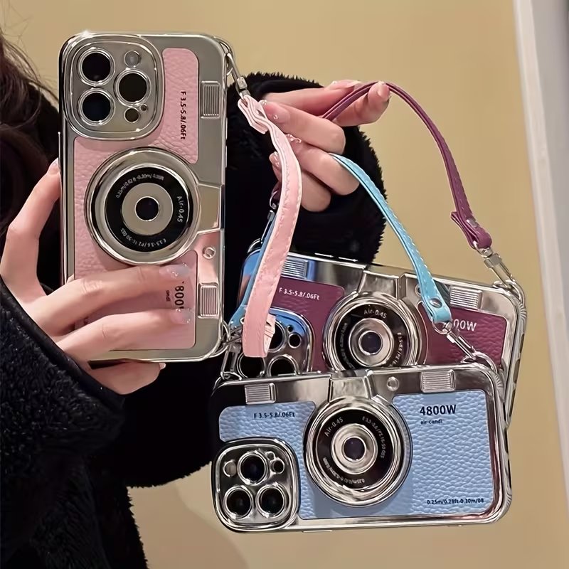 Retro Camera Style Leather Phone Case with Lanyard Wrist Strap for iPhone
