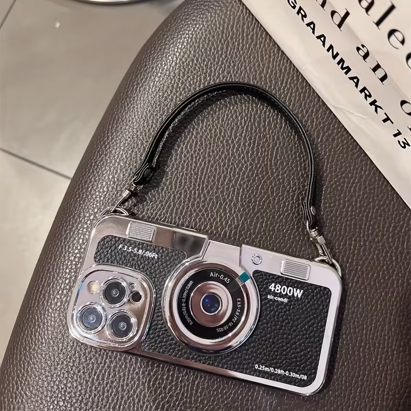 Retro Camera Style Leather Phone Case with Lanyard Wrist Strap for iPhone