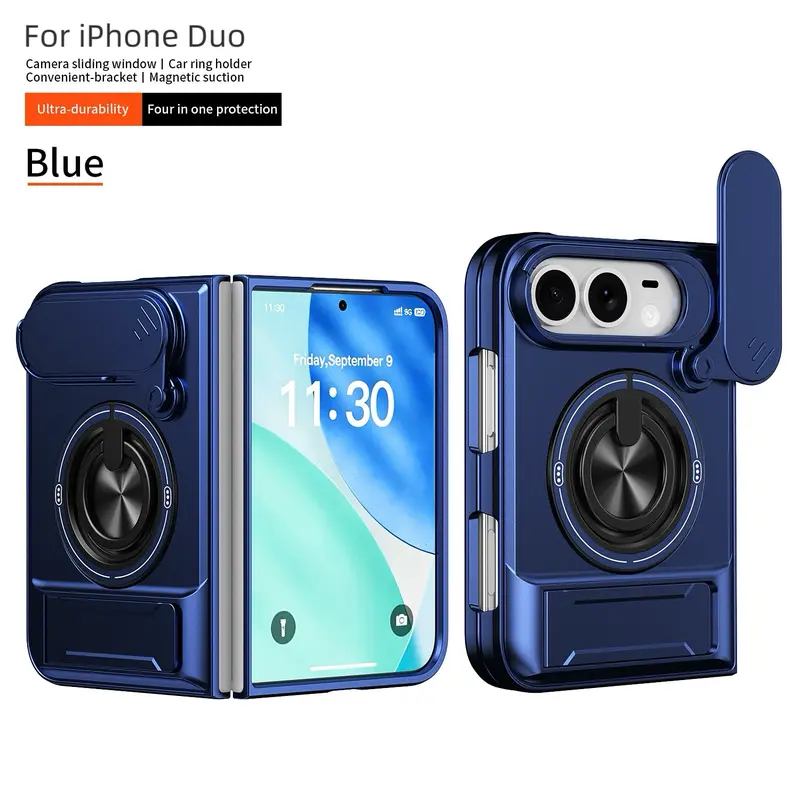 4-in-1 Protective Case for iPhone Duo – Sliding Camera Cover, Magnetic Ring & Kickstand