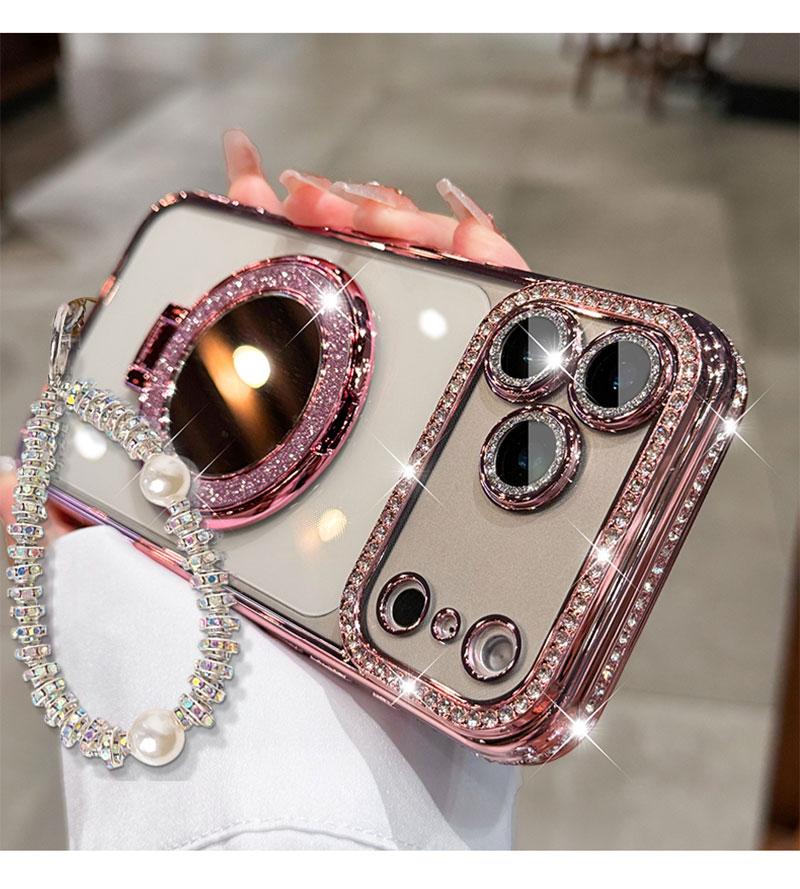 Women's Phone Case with Mirror & Stand for iPhone 12/13/14/15/16/17 Pro Max,17Air,14/15/16 Plus. Features a shiny frame, high-definition transparent material, and full-body drop-resistant design.