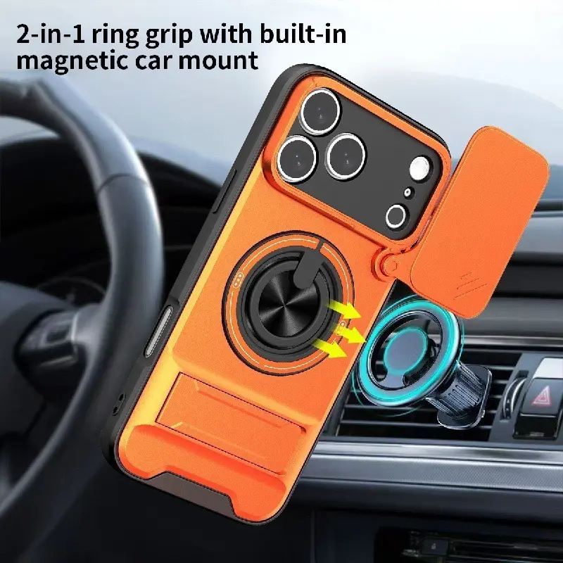 Tactical Heavy-Duty Case with Slide Camera Cover, Built-in Ring Kickstand & Magnetic Alignment