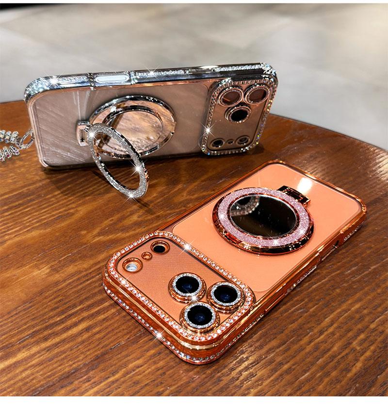 Women's Phone Case with Mirror & Stand for iPhone 12/13/14/15/16/17 Pro Max,17Air,14/15/16 Plus. Features a shiny frame, high-definition transparent material, and full-body drop-resistant design.