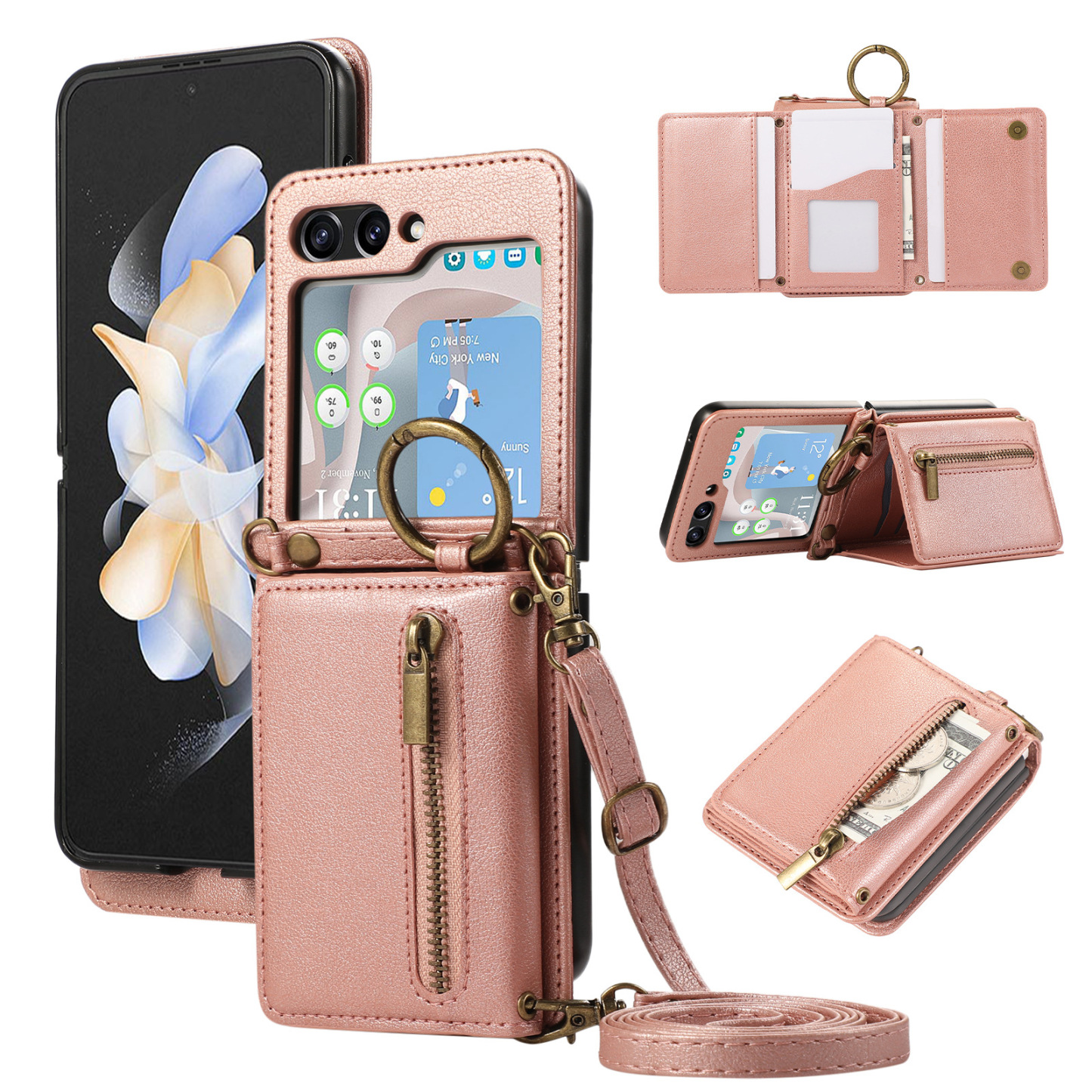 Zippered Leather Card Holder Phone Case for Samsung Z Flip Series - Ri