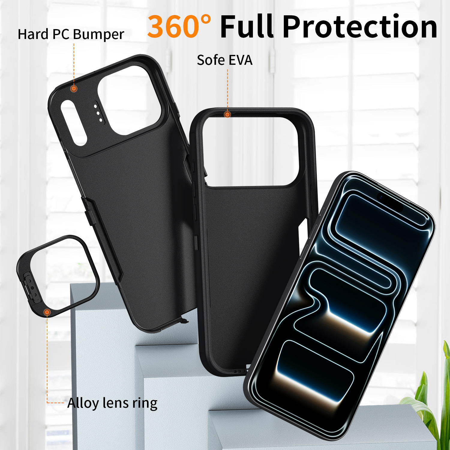 360° Heavy-Duty Shockproof Phone Case with Alloy Camera Ring for iPhone 11-17 Series