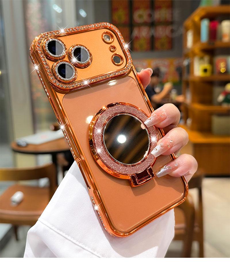 Women's Phone Case with Mirror & Stand for iPhone 12/13/14/15/16/17 Pro Max,17Air,14/15/16 Plus. Features a shiny frame, high-definition transparent material, and full-body drop-resistant design.