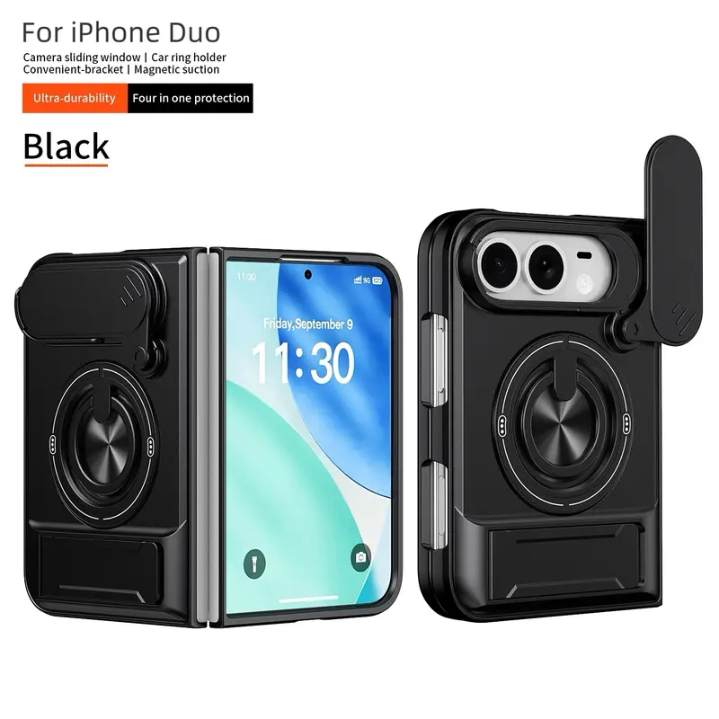 4-in-1 Protective Case for iPhone Duo – Sliding Camera Cover, Magnetic Ring & Kickstand
