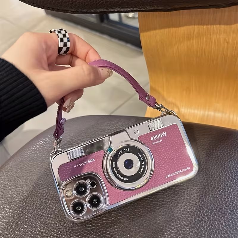 Retro Camera Style Leather Phone Case with Lanyard Wrist Strap for iPhone