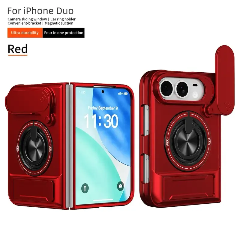 4-in-1 Protective Case for iPhone Duo – Sliding Camera Cover, Magnetic Ring & Kickstand