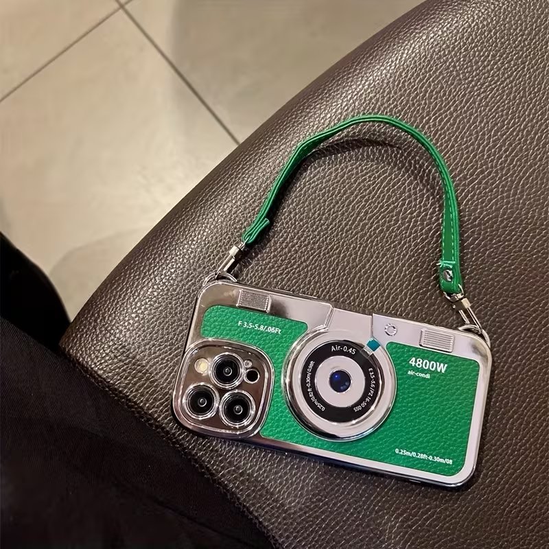 Retro Camera Style Leather Phone Case with Lanyard Wrist Strap for iPhone