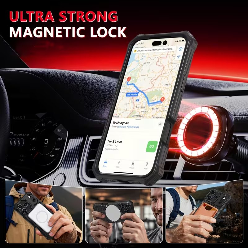 Heavy Duty Armor Case with Built-in Kickstand for iPhone – Military Grade Protection & Carbon Fiber Accent