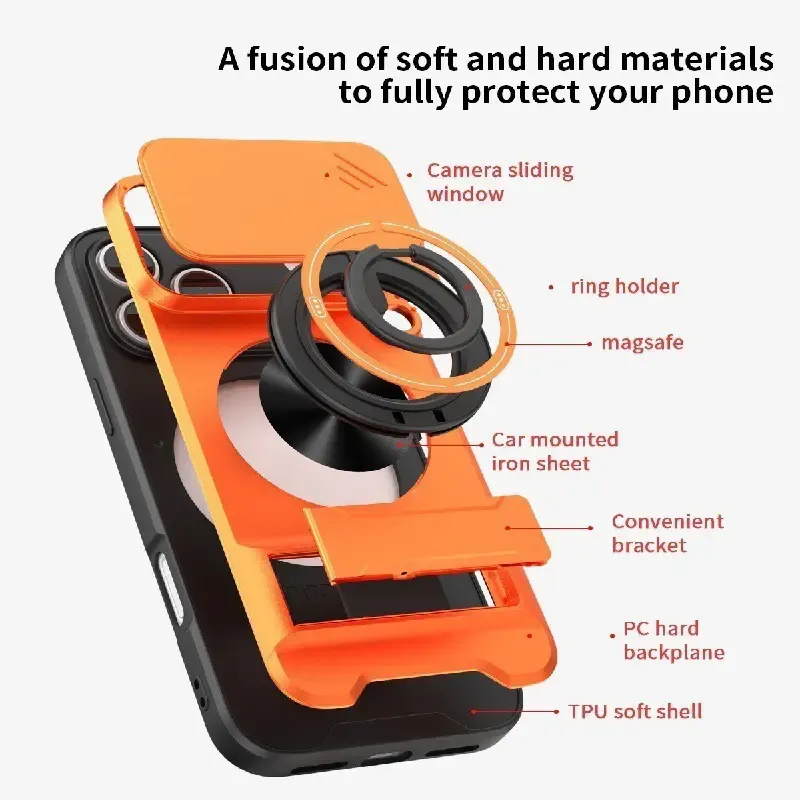 Tactical Heavy-Duty Case with Slide Camera Cover, Built-in Ring Kickstand & Magnetic Alignment