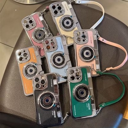 Retro Camera Style Leather Phone Case with Lanyard Wrist Strap for iPhone