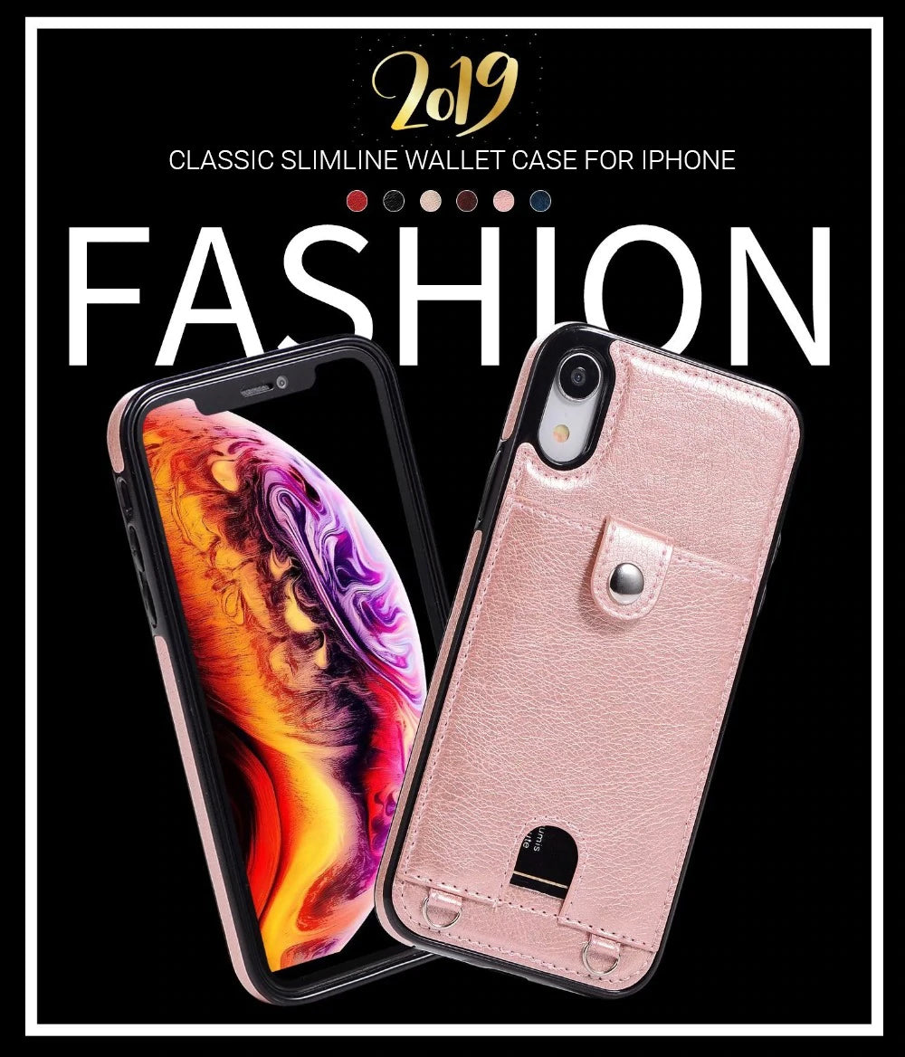 Fashion Slimline Leather Wallet Case for iPhone XS MAX X XR Case With Card Holder Pocket Cover for iPhone 8 7 6 6S Plus iPhone Case With Lanyard Strap