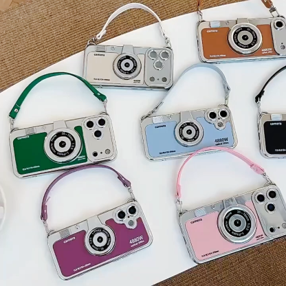 Retro Camera Style Leather Phone Case with Lanyard Wrist Strap for iPhone