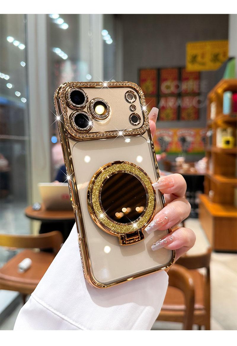 Women's Phone Case with Mirror & Stand for iPhone 12/13/14/15/16/17 Pro Max,17Air,14/15/16 Plus. Features a shiny frame, high-definition transparent material, and full-body drop-resistant design.