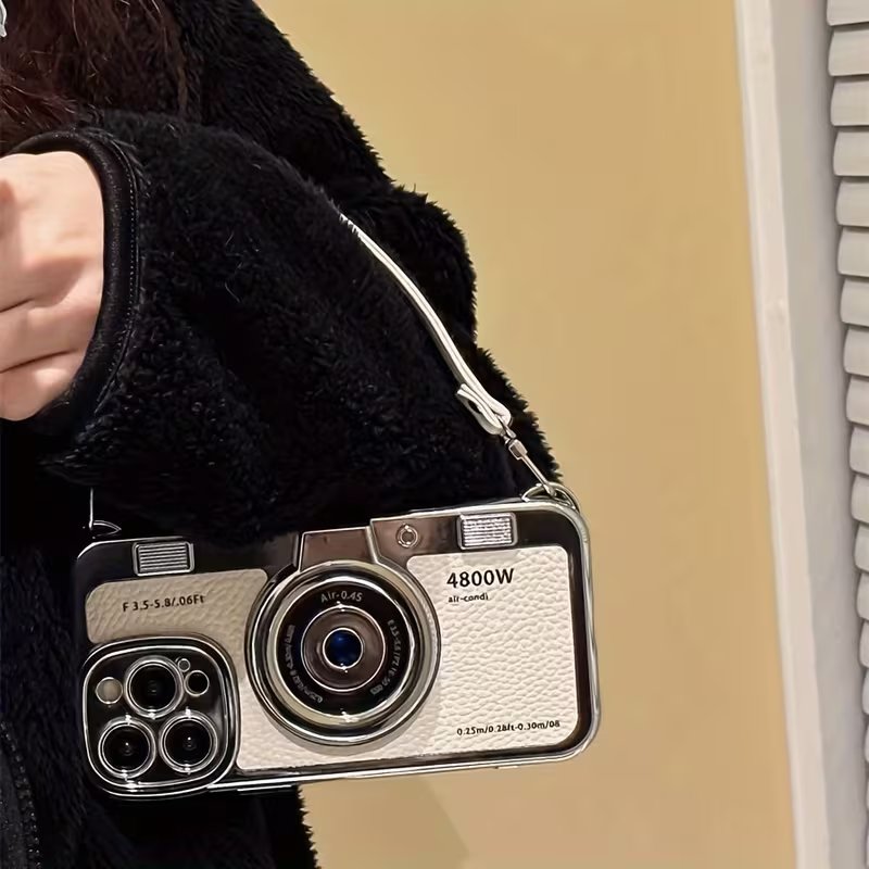 Retro Camera Style Leather Phone Case with Lanyard Wrist Strap for iPhone