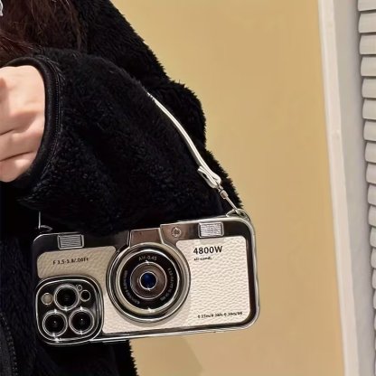 Retro Camera Style Leather Phone Case with Lanyard Wrist Strap for iPhone