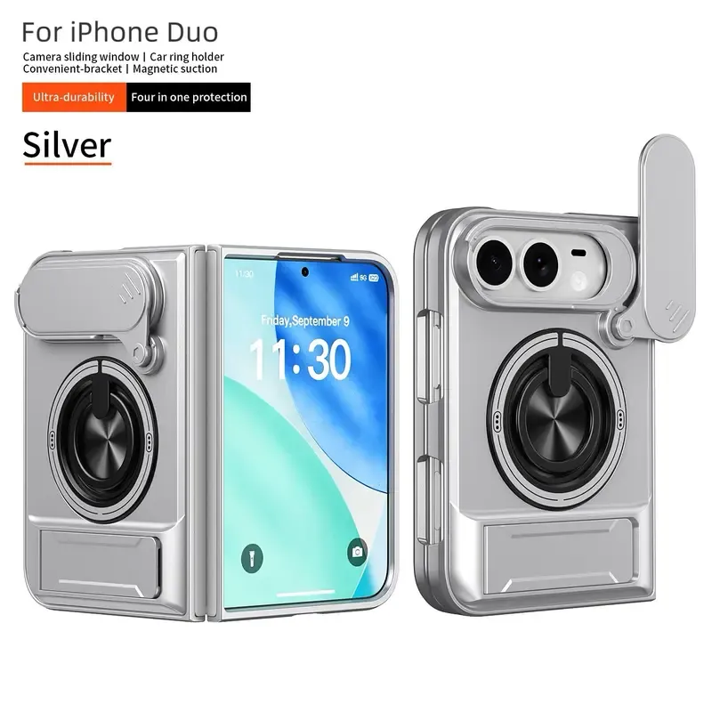 4-in-1 Protective Case for iPhone Duo – Sliding Camera Cover, Magnetic Ring & Kickstand