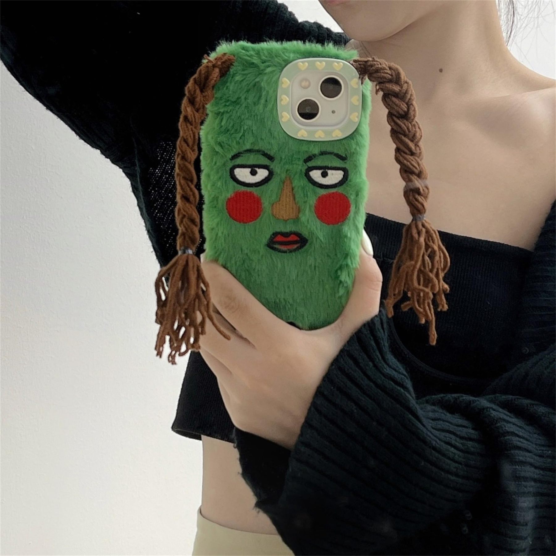 🥰Shockproof Green Plush Phone Case for iPhone All Models: 17-6/XS/XR/7/8/Plus/Max 🧟♀️