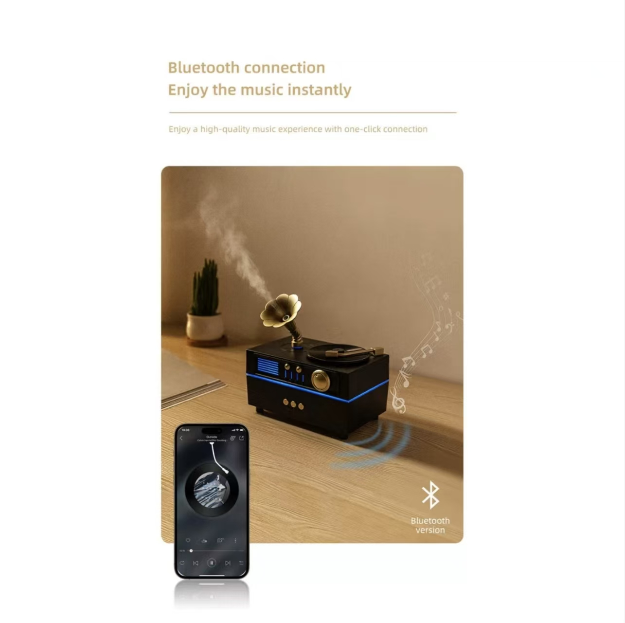 Vintage-style gramophone aroma diffuser and humidifier, suitable for yoga studios, bedrooms, offices, and home environments; features remote control, timer settings, and automatic shut-off functions.