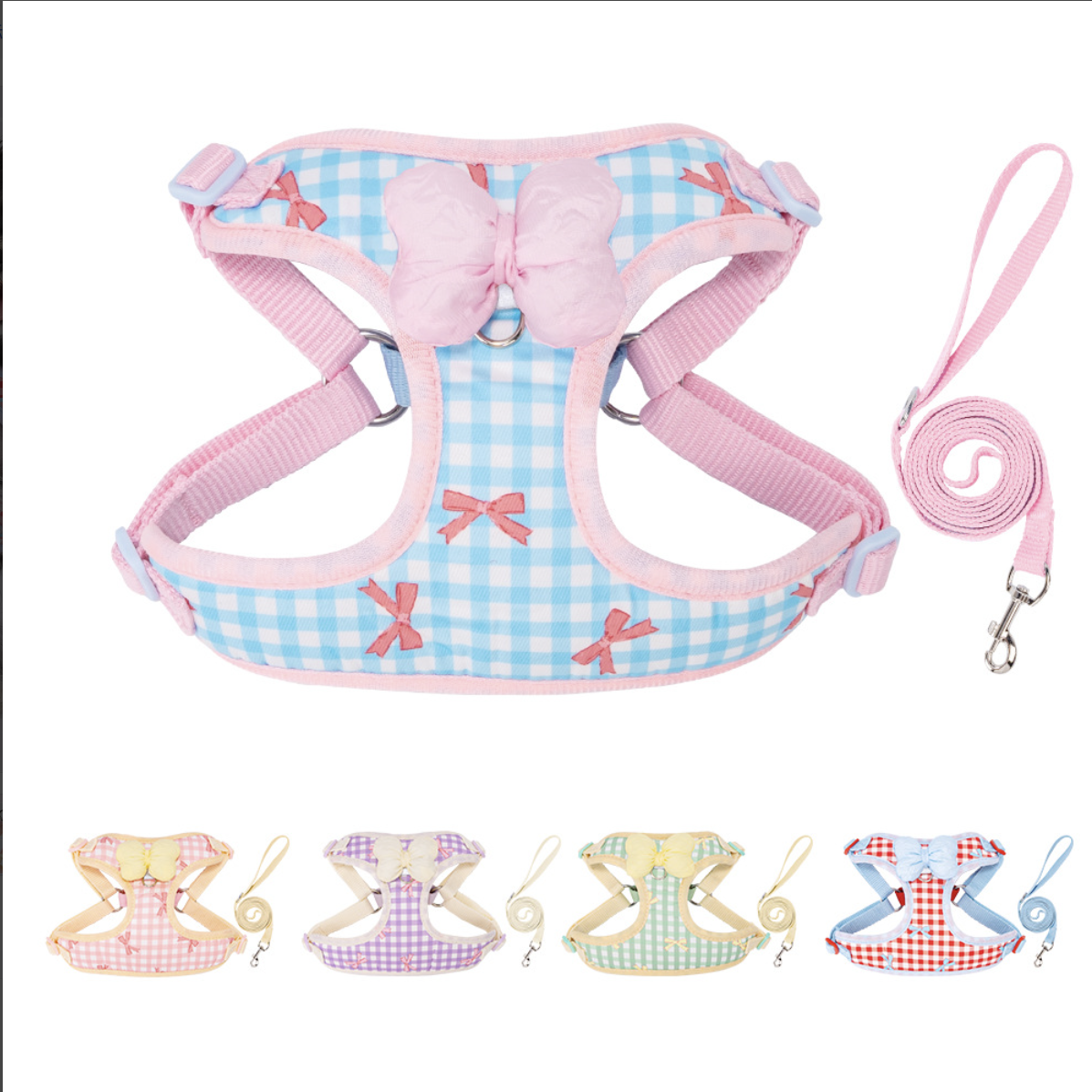 Premium Soft Plaid Dog Harness & Leash Set | Cute Bow Design No Pull Vest for Small Dogs, Puppies & Cats