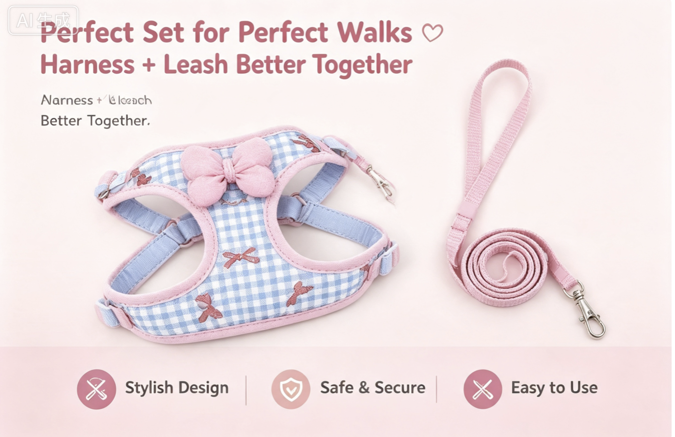 Premium Soft Plaid Dog Harness & Leash Set | Cute Bow Design No Pull Vest for Small Dogs, Puppies & Cats