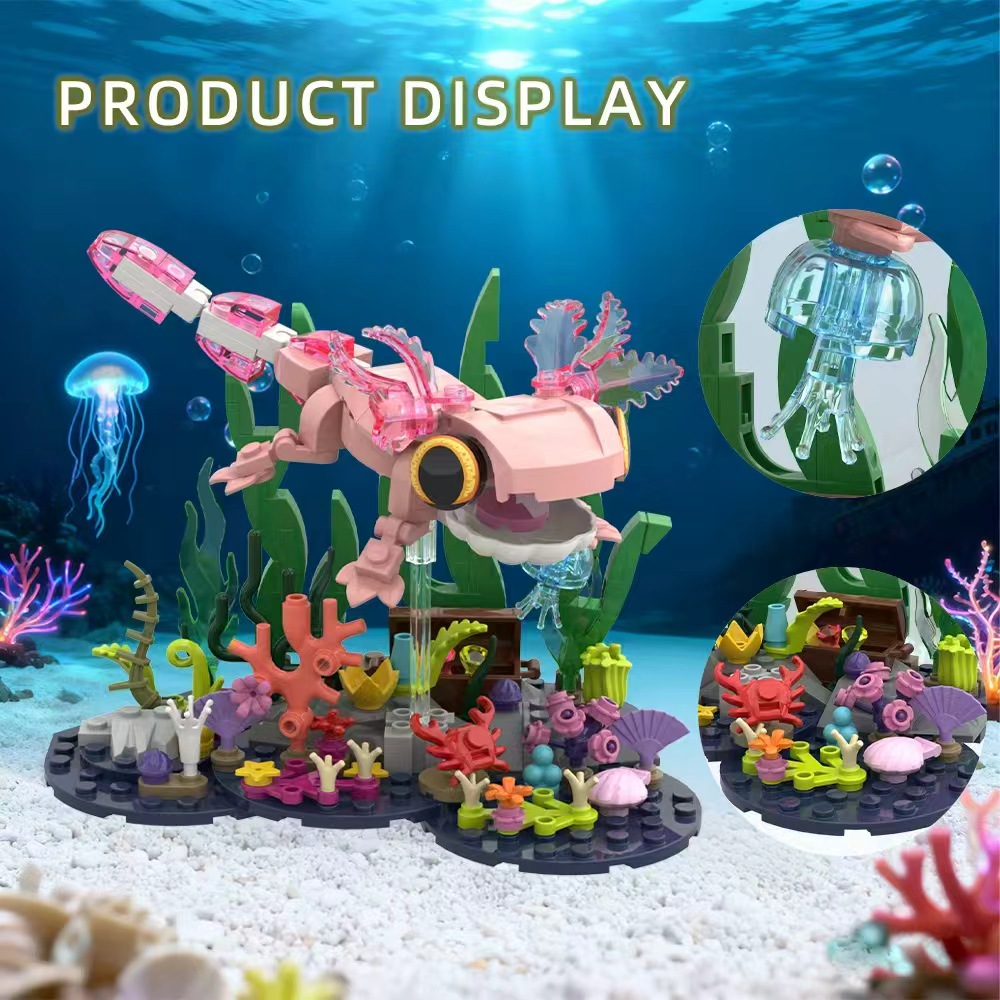 Pink Axolotl Building Block Set, Cute Underwater Salamander Model with Coral Reef Scene, DIY STEM Construction Toy, Aquarium Display Collectible Gift for Kids and Adults