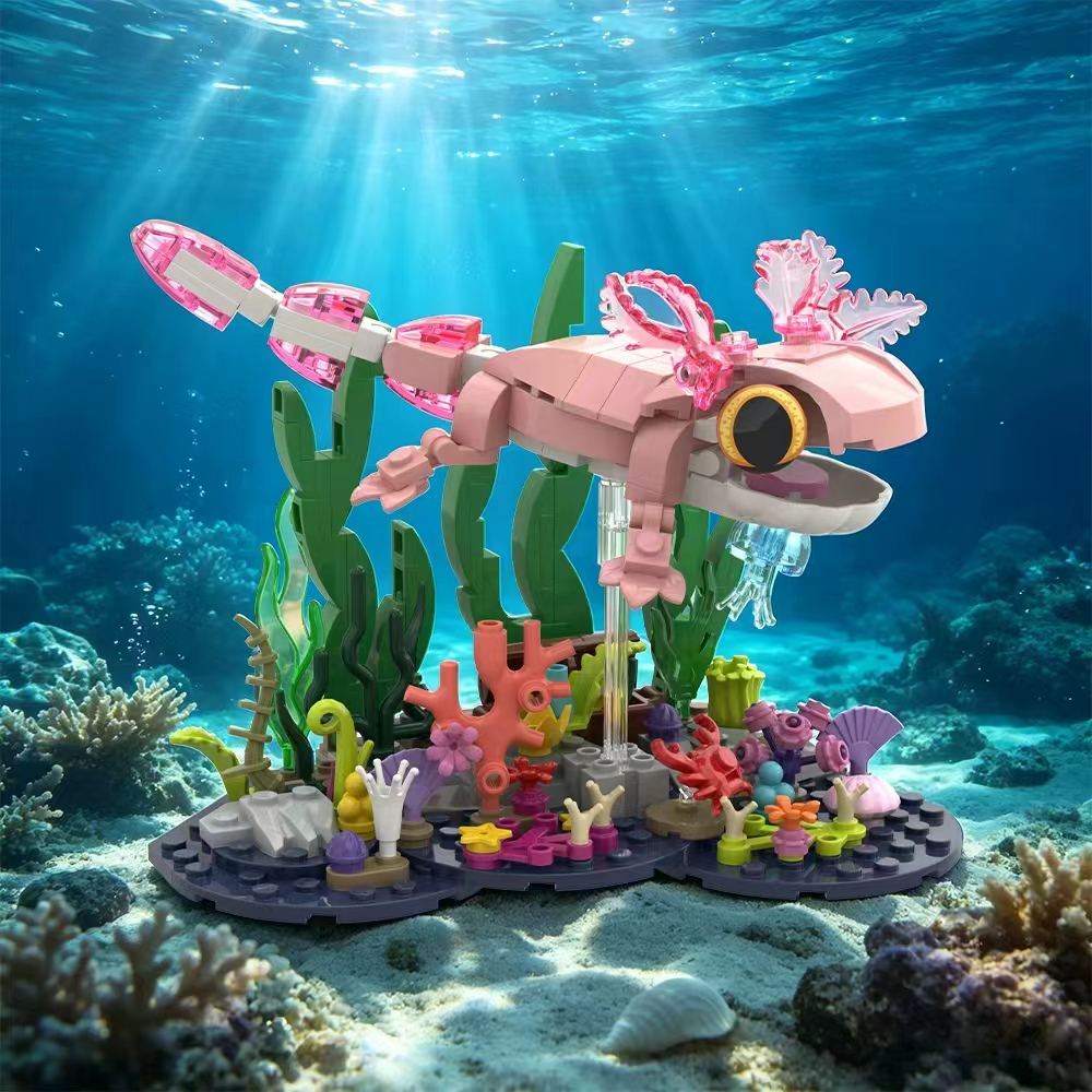Pink Axolotl Building Block Set, Cute Underwater Salamander Model with Coral Reef Scene, DIY STEM Construction Toy, Aquarium Display Collectible Gift for Kids and Adults