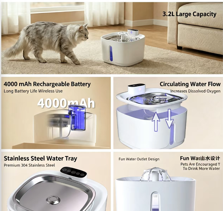 ...Wireless Infrared Sensor Pet Water Fountain 3.2L Large Capacity Auto Dispenser for Cats & Dogs, Motion-Activated Smart Pet Drinking Bowl, Battery-Powered, Quiet & Easy Clean
