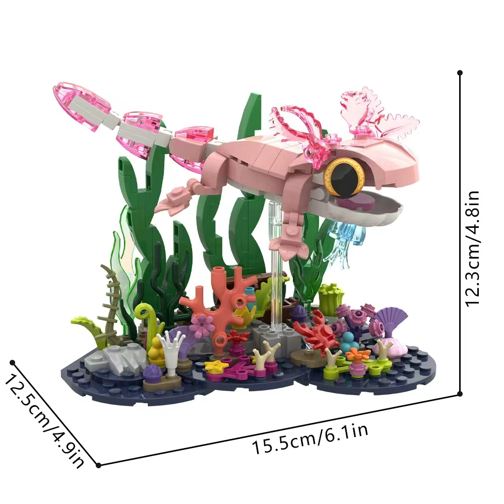 Pink Axolotl Building Block Set, Cute Underwater Salamander Model with Coral Reef Scene, DIY STEM Construction Toy, Aquarium Display Collectible Gift for Kids and Adults