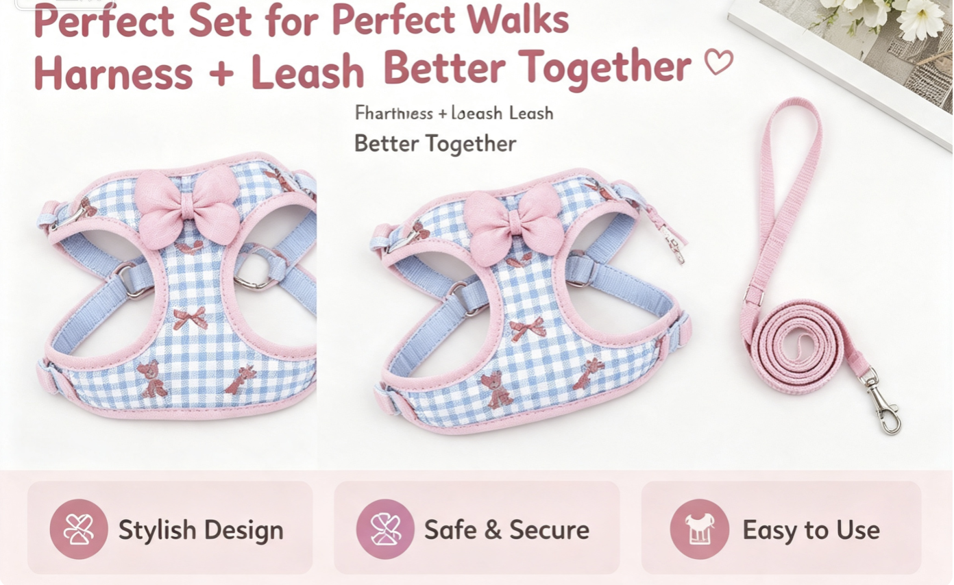 Premium Soft Plaid Dog Harness & Leash Set | Cute Bow Design No Pull Vest for Small Dogs, Puppies & Cats