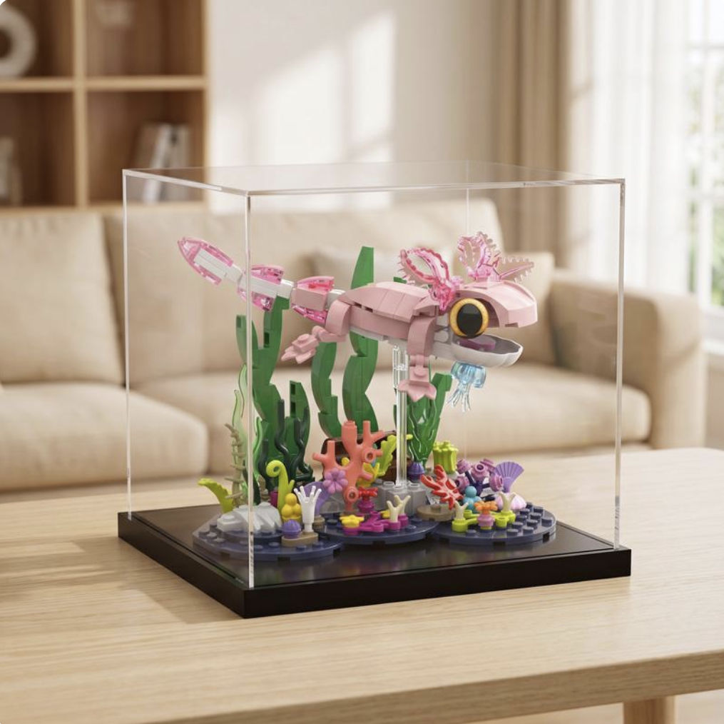Pink Axolotl Building Block Set, Cute Underwater Salamander Model with Coral Reef Scene, DIY STEM Construction Toy, Aquarium Display Collectible Gift for Kids and Adults