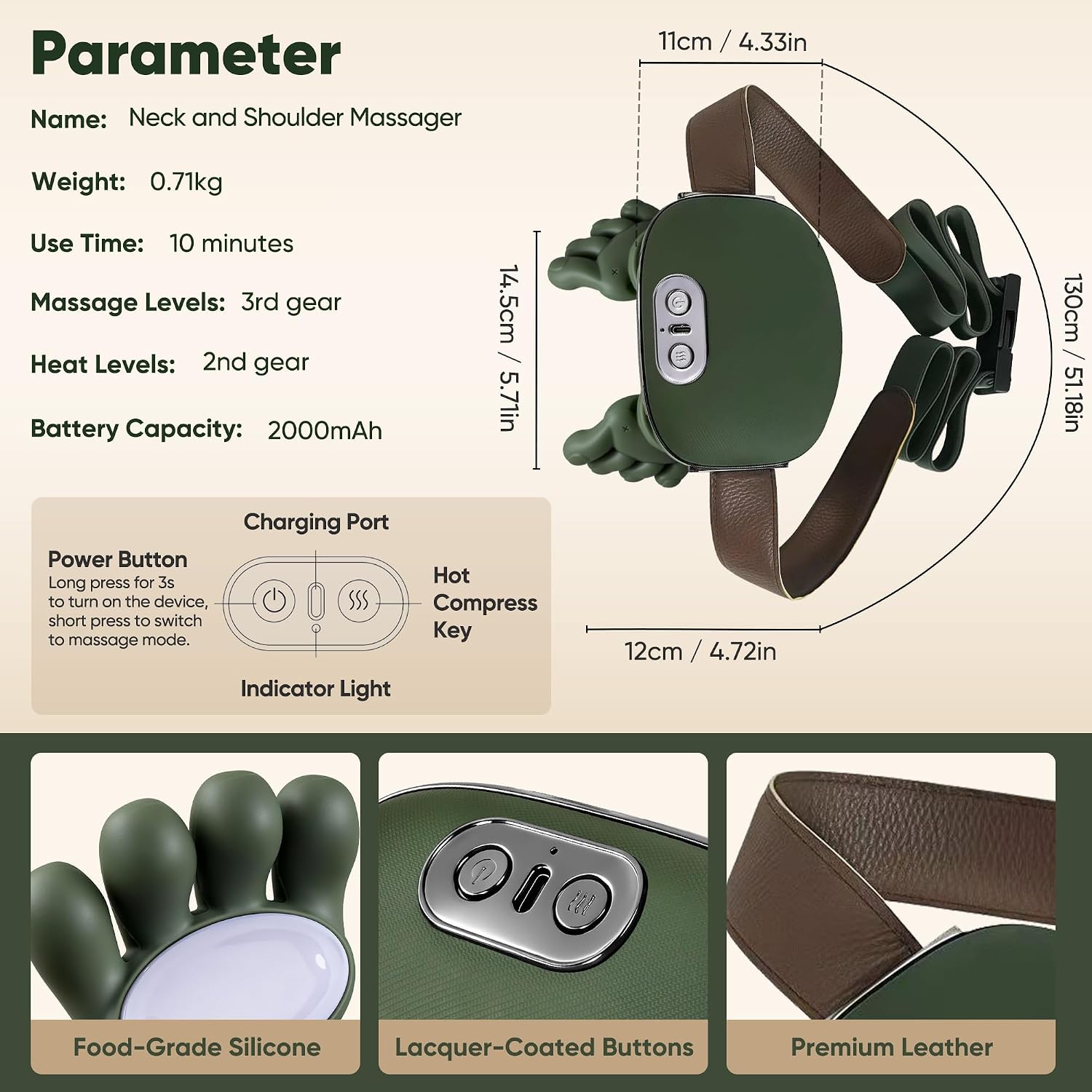 Shoulder and Neck Massager, Bionic Heated Massager, Neck Massager with Fingers, 4D Kneading Massage, Simulates a Real Palm Massage for Comfort, Relax Muscle Tension (Green)