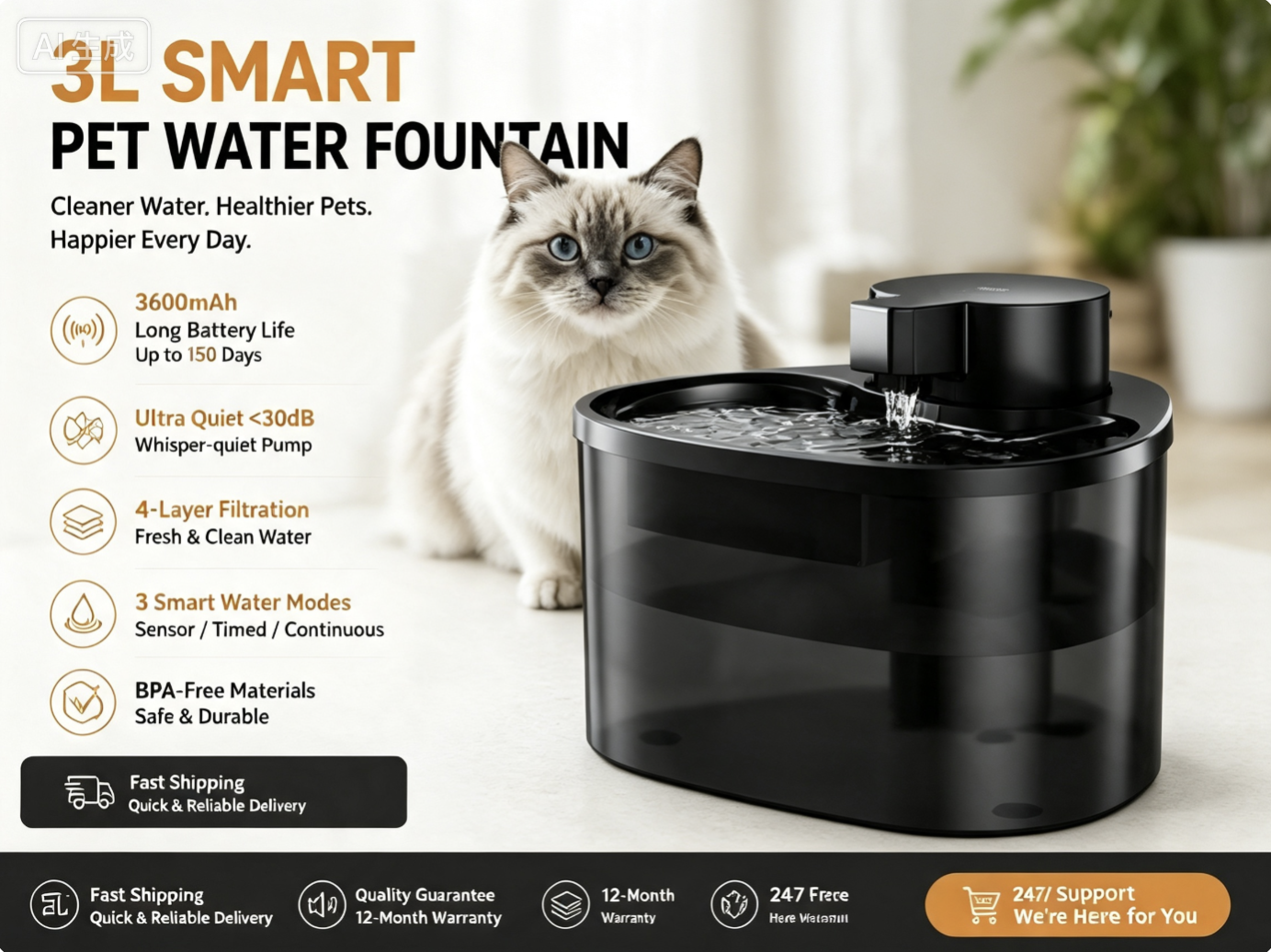 3L Smart Cordless Pet Water Fountain | 3600mAh Rechargeable Cat & Dog Water Dispenser with 4-Layer Filtration