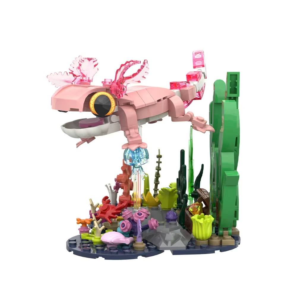 Pink Axolotl Building Block Set, Cute Underwater Salamander Model with Coral Reef Scene, DIY STEM Construction Toy, Aquarium Display Collectible Gift for Kids and Adults