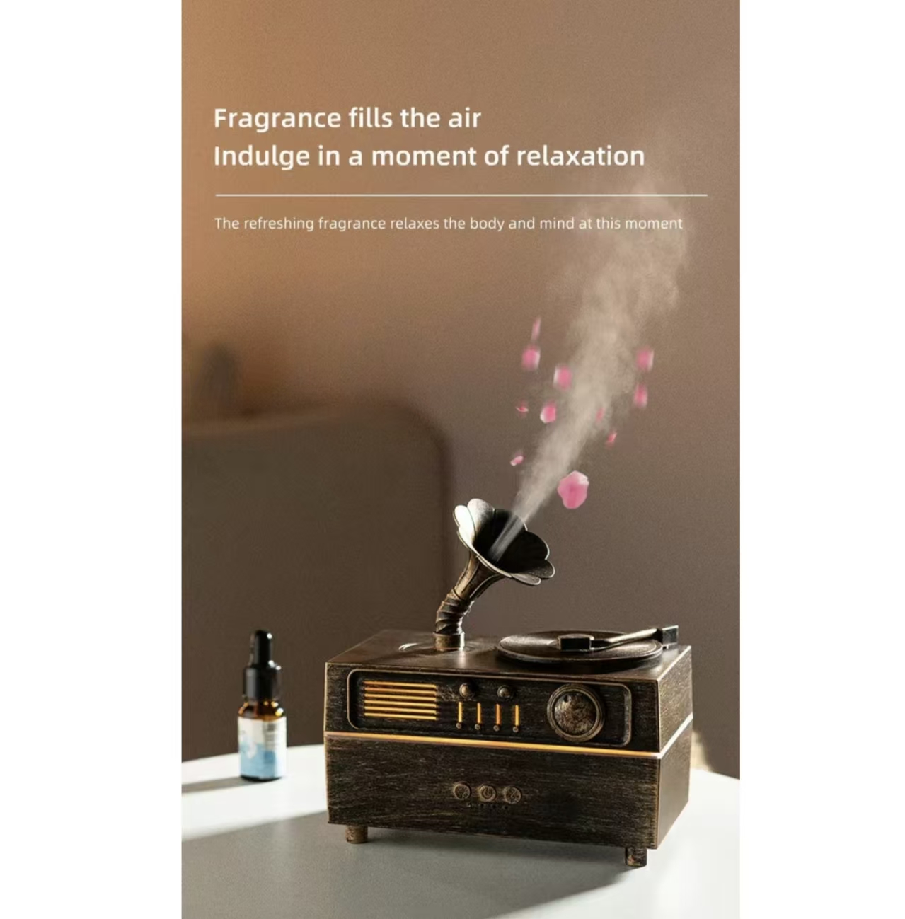 Vintage-style gramophone aroma diffuser and humidifier, suitable for yoga studios, bedrooms, offices, and home environments; features remote control, timer settings, and automatic shut-off functions.
