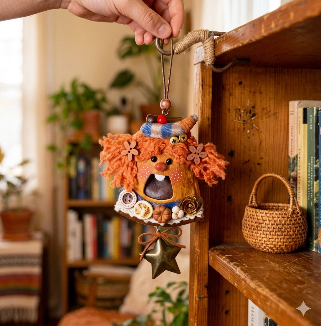 Striped Hat Blossom Pixie Handmade Pod Doll — Open-Mouth Autumn Carnival Edition