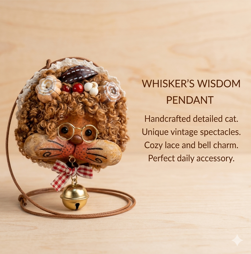 Brown Fluffy Curly Kitty Gingham Bow Handmade Pod Doll — Golden Bell Whispering Woods Edition