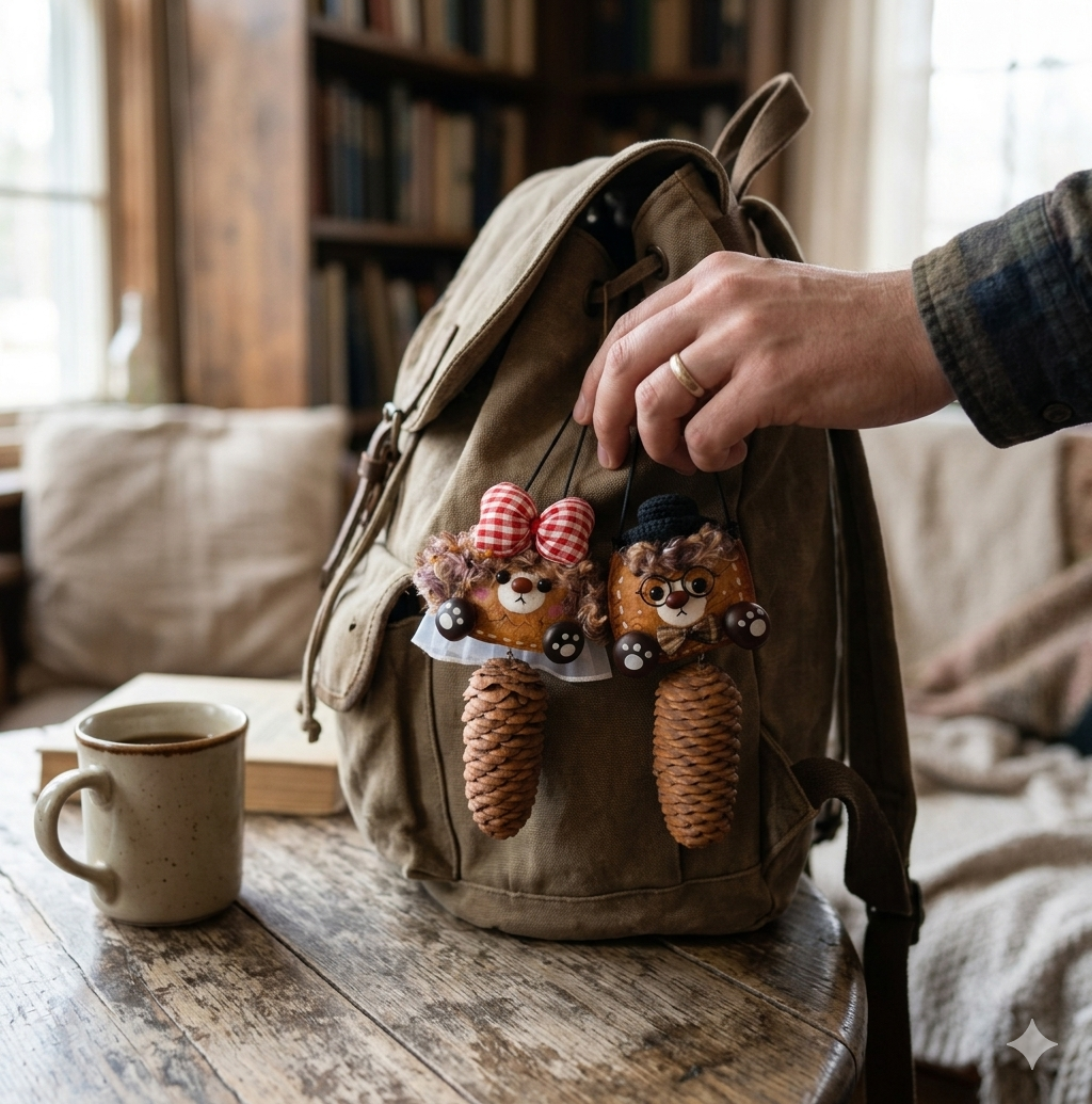 Gingham Bow Top-Hat Couples Bear Handmade Pod Doll Set — Giant Pinecone Pendant Sunlit Forest Edition