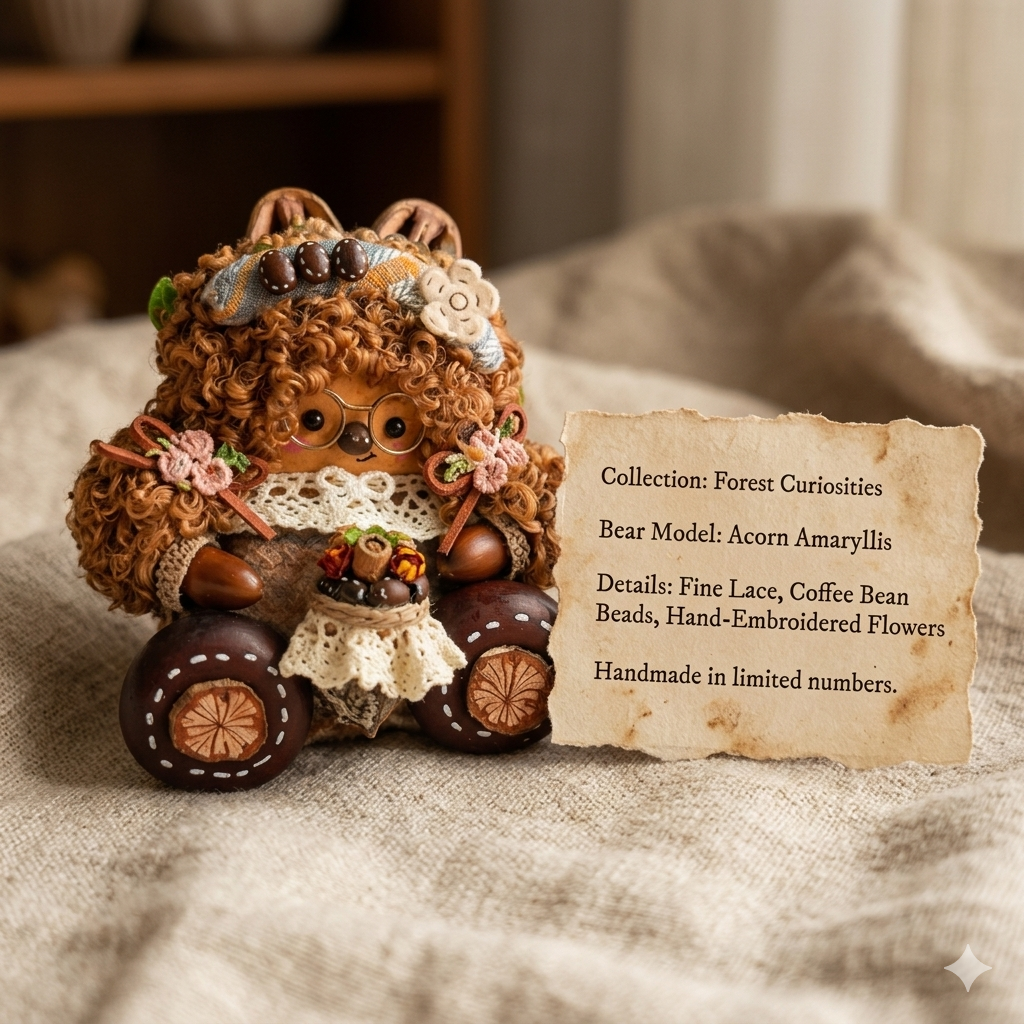 Handmade Pod Doll Woodland Teddy Bear Art Craft — Fluffy Curly Miniature Bear with Flower Basket Edition