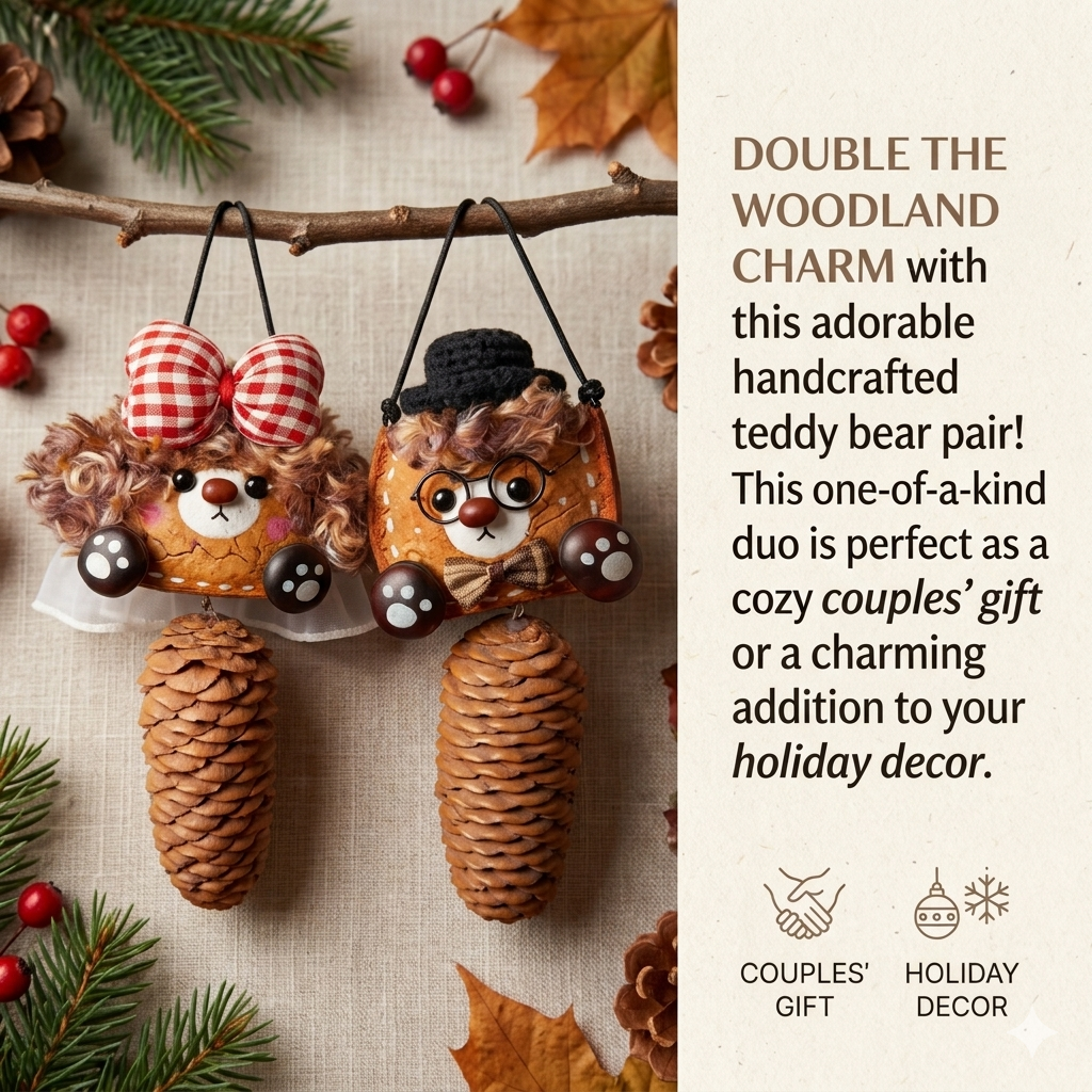 Gingham Bow Top-Hat Couples Bear Handmade Pod Doll Set — Giant Pinecone Pendant Sunlit Forest Edition