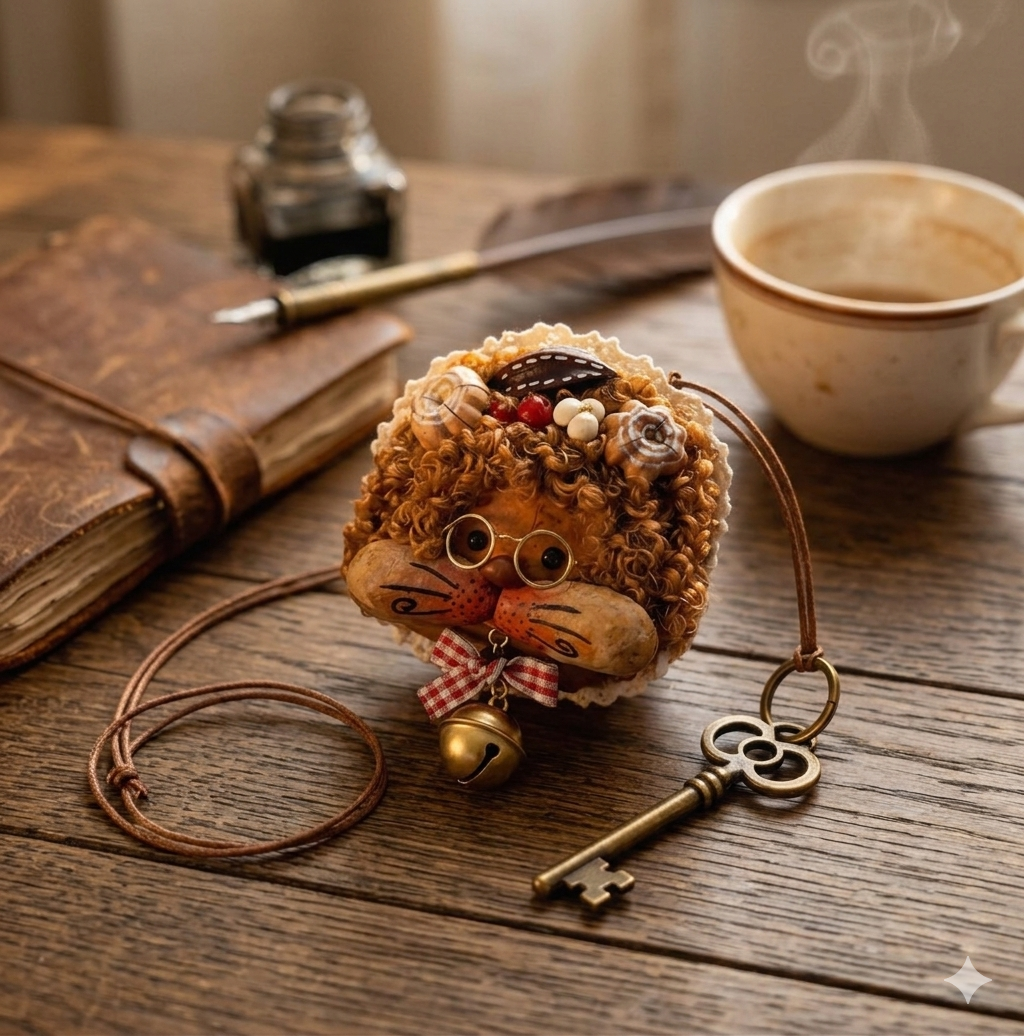 Brown Fluffy Curly Kitty Gingham Bow Handmade Pod Doll — Golden Bell Whispering Woods Edition