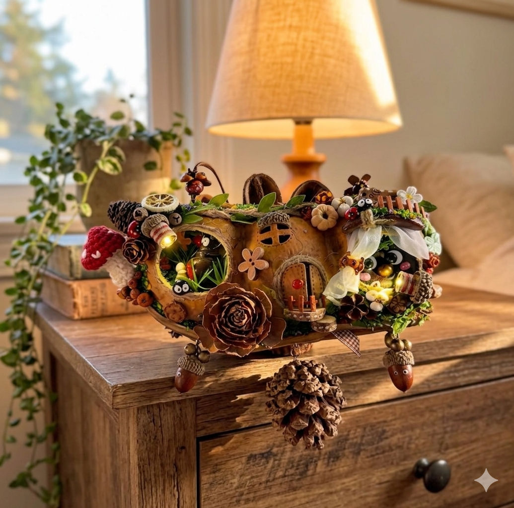 Mossy Secret Soot Sprite Handmade Pod Cottage — Lighted-Window Fairy Tale Edition