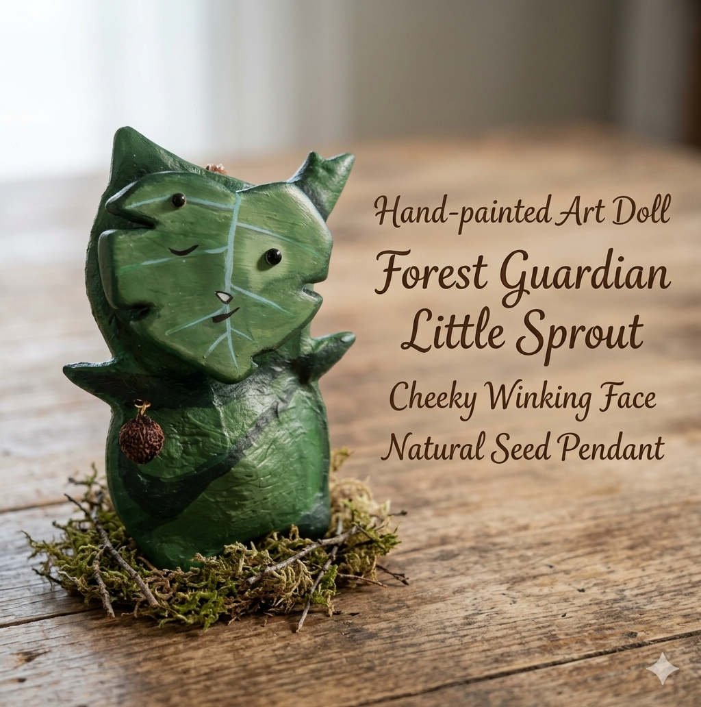 Woodland Korok-Style Leaf Elf Handmade Pod Doll Art — Seed Pendant Moss Green Edition