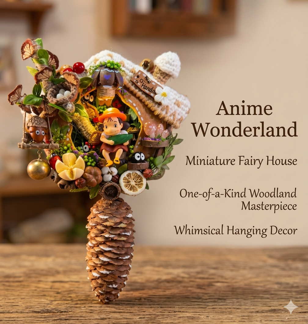 Straw-Hat Girl Crochet Roof Fairy House Handmade Pod Doll — Giant Pinecone Pendant Sunlit Forest Edition
