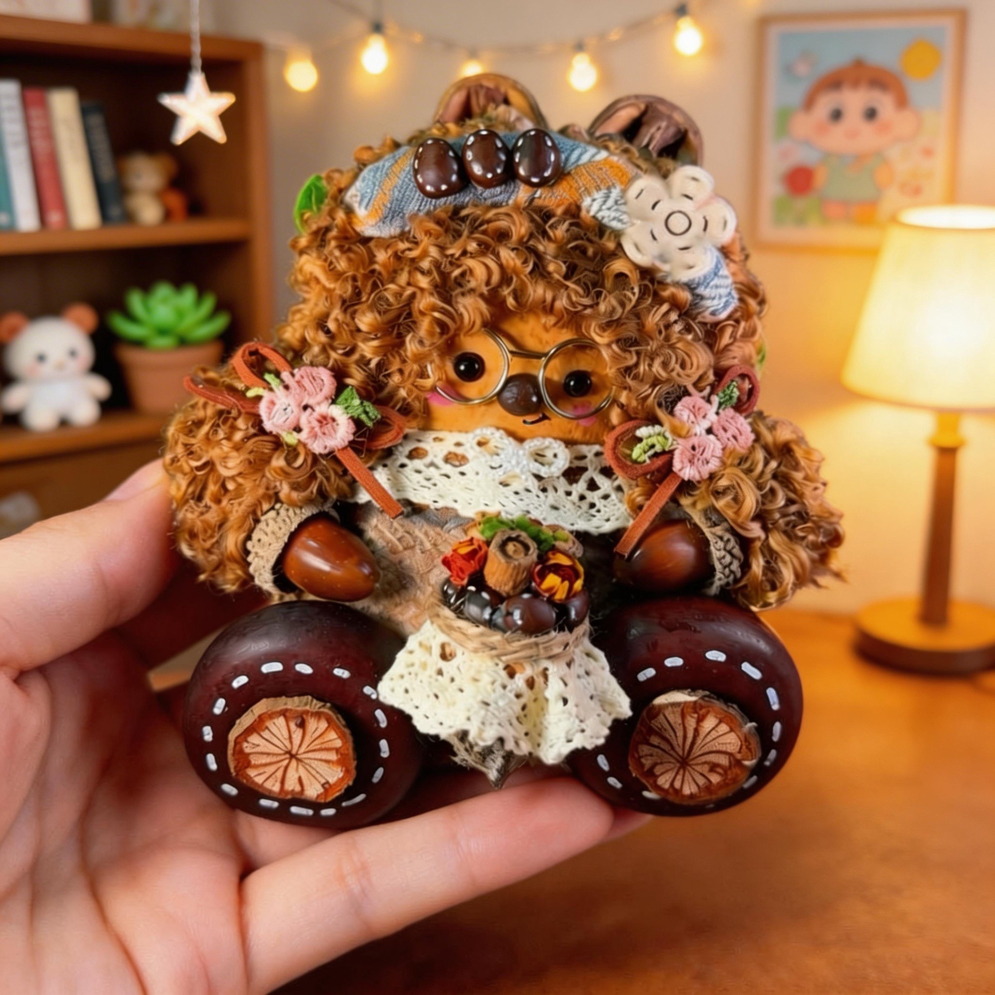 Handmade Pod Doll Woodland Teddy Bear Art Craft — Fluffy Curly