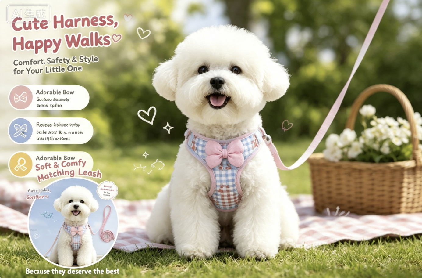 Premium Soft Plaid Dog Harness & Leash Set | Cute Bow Design No Pull Vest for Small Dogs, Puppies & Cats